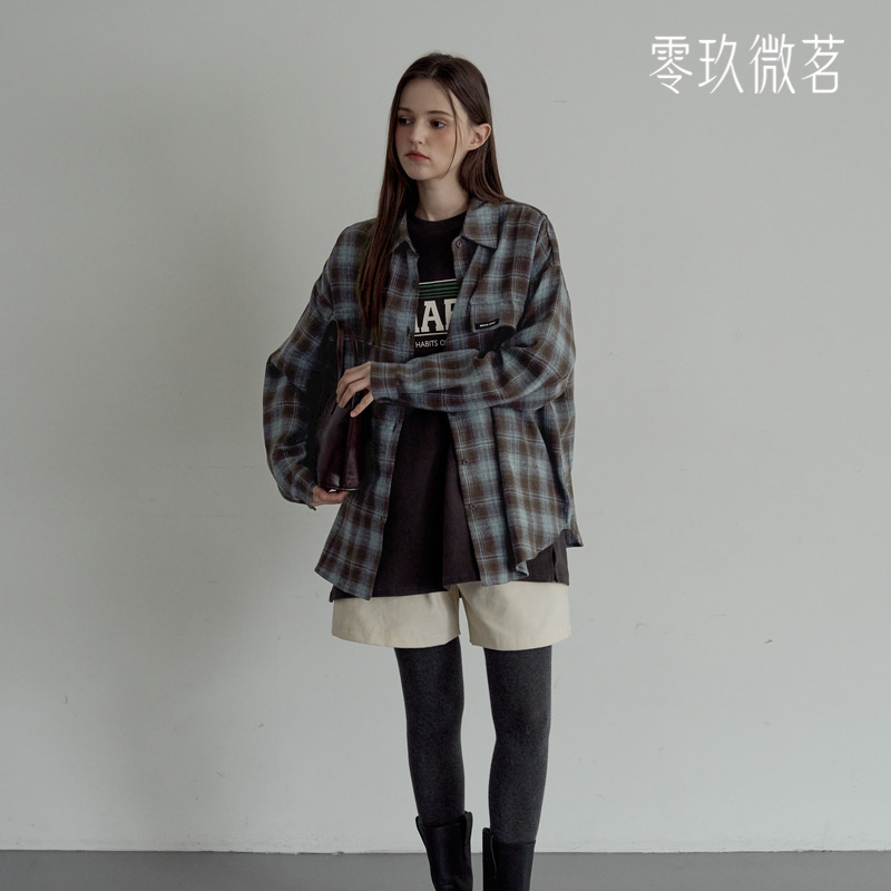 零玖微茗韩版大码春秋新款格纹衬衣休闲宽松款格子衬衫百搭78257