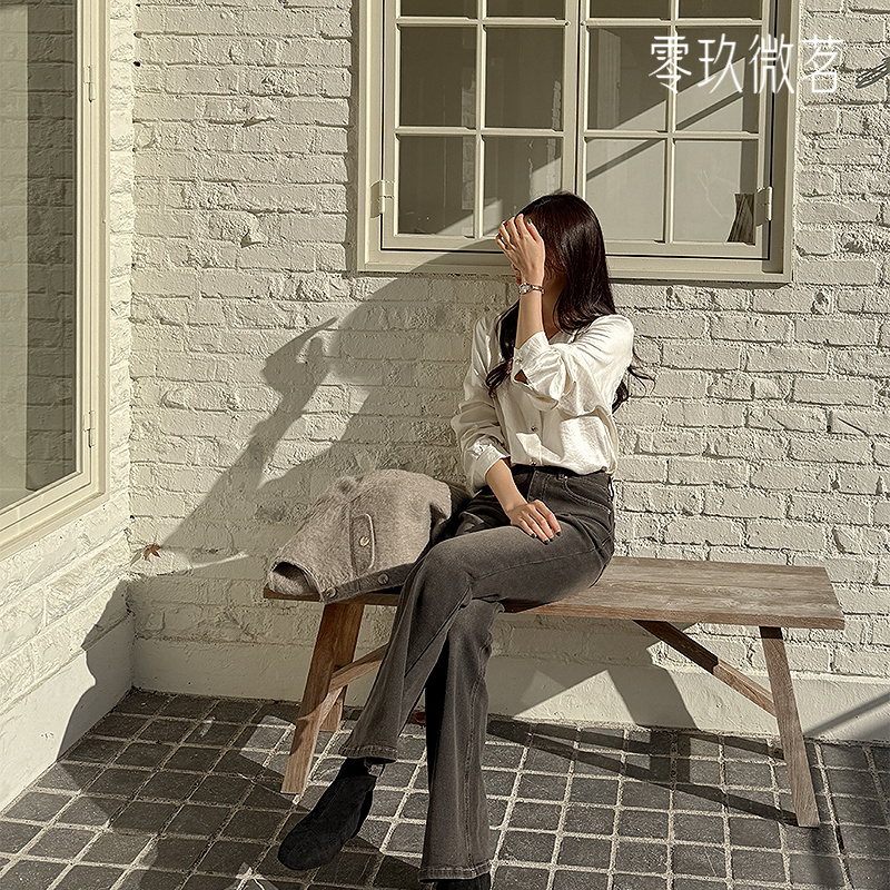 2025加大码复古猫须水洗棉休闲长裤微胖mm显瘦牛仔裤微喇裤79399