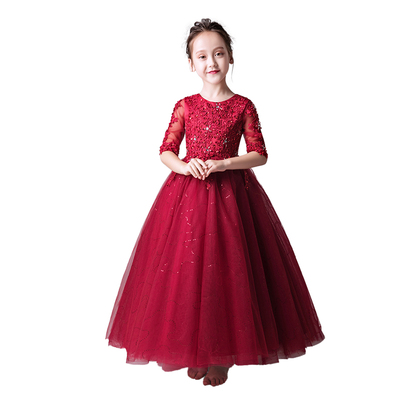 儿童礼服酒红色公主裙女童蓬蓬纱生日花童走秀小主持人演出服长款