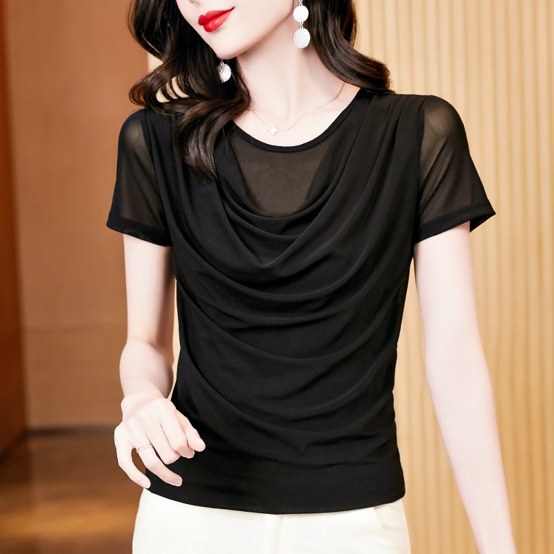短袖t恤女设计感荡领网纱打底衫洋气时髦内搭小衫显瘦遮肚上衣夏