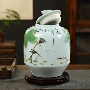 景德镇陶瓷手绘水缸10 家用纯净水桶泡茶储酒油罐密封盖 50斤装