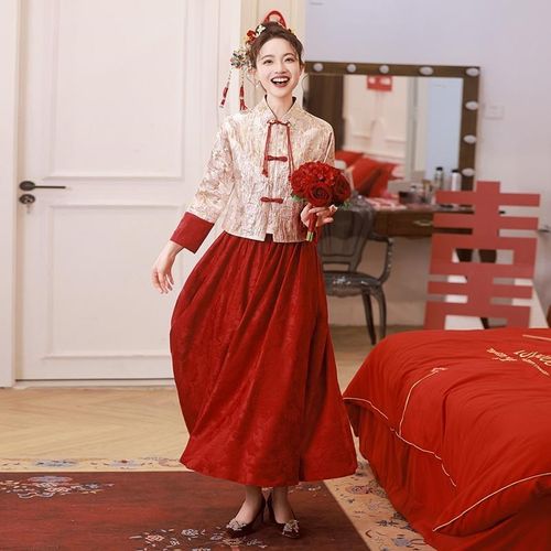 海棠记新娘敬酒服大码中式改良秀禾套装春秋款订婚礼服裙女酒红色