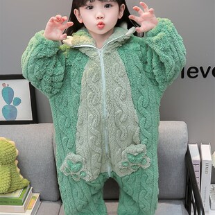 儿童连体睡衣珊瑚绒秋冬男童防踢被恐龙宝宝睡袋女童法兰绒家居服