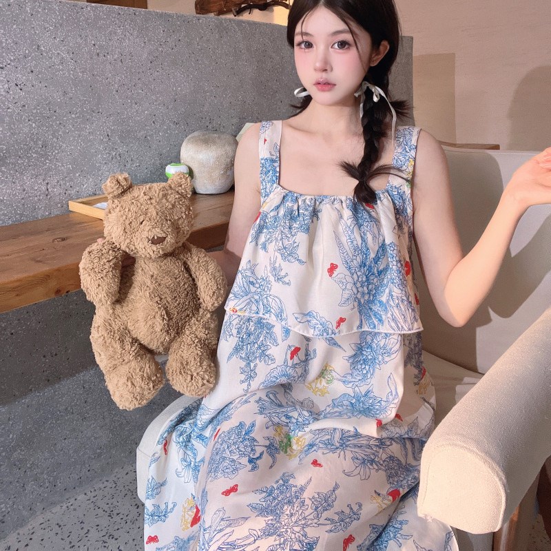 女学生甜美吊带裙大码睡衣夏季胖mm短袖睡裙薄款棉绸宽松连衣裙