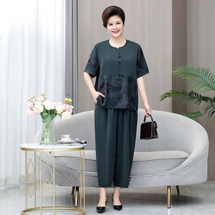 200斤胖妈妈夏装洋气套装2024新款中老年女装短袖加肥加大两件套