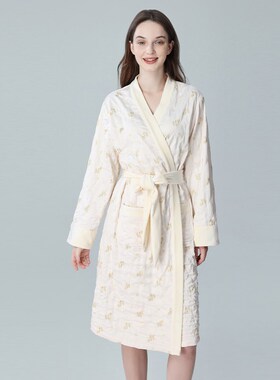 IIZZINI 睡袍女秋冬长袖夹棉薄款国风黄玫花奢华系带家居浴袍