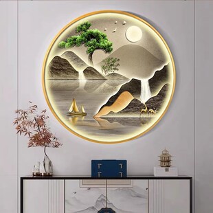 壁灯玄关迎客松挂画新中式圆形装饰画LED入户门正对墙客厅带灯画