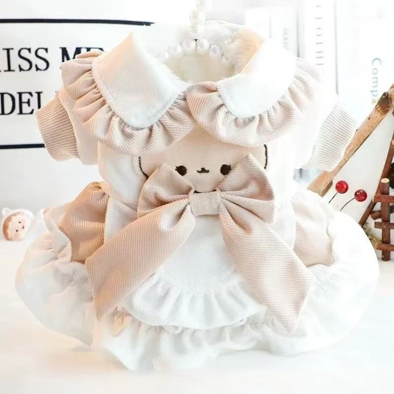 加绒加厚蝴蝶结蕾丝公主裙冬装小体比熊贵宾犬连身裙棉衣保暖猫咪