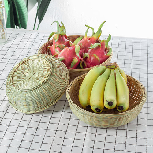 竹青竹编制品农家簸箕家用平底圆形馒头面包筐水果零食收纳竹篮子