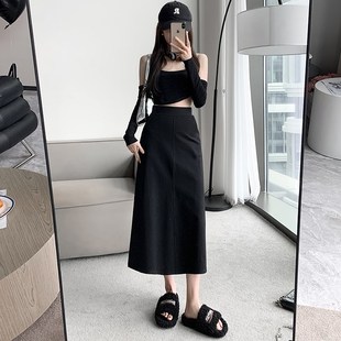 高级感超好看半身裙新款女春夏黑色遮肚子中长款高腰A字长裙包臀