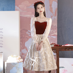 新娘敬酒服高级感在逃公主长袖方领小个子结婚连衣裙订婚礼服女夏