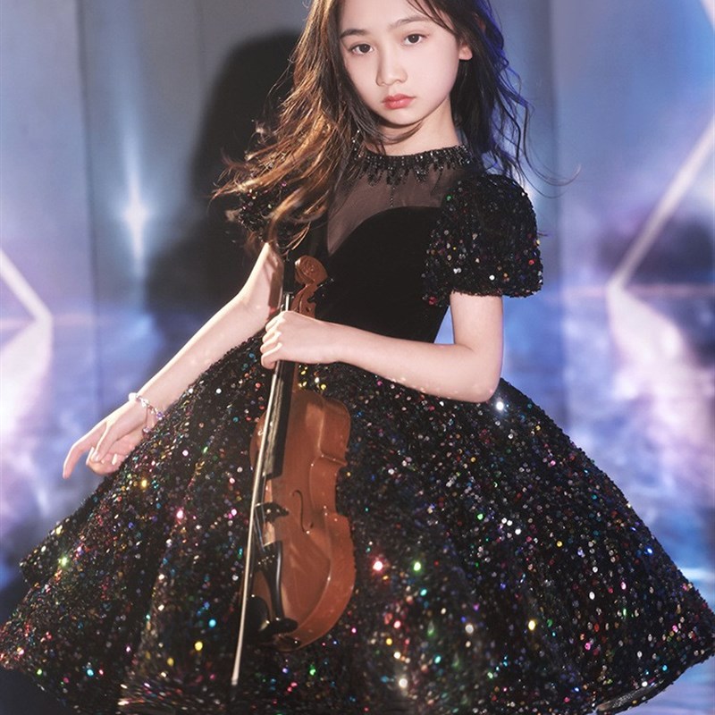 黑色晚礼服女童高端公主裙儿童朗诵主持人小提琴钢琴演奏表演出服