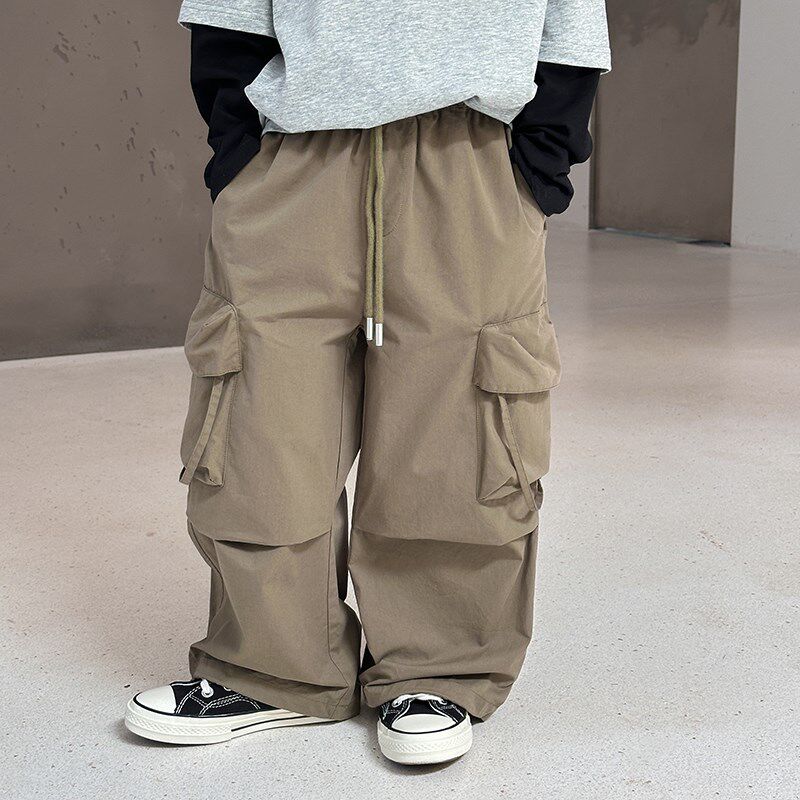 依依妈男童系带拼接直筒工装裤儿童春装裤子宝宝宽松纯棉休闲裤