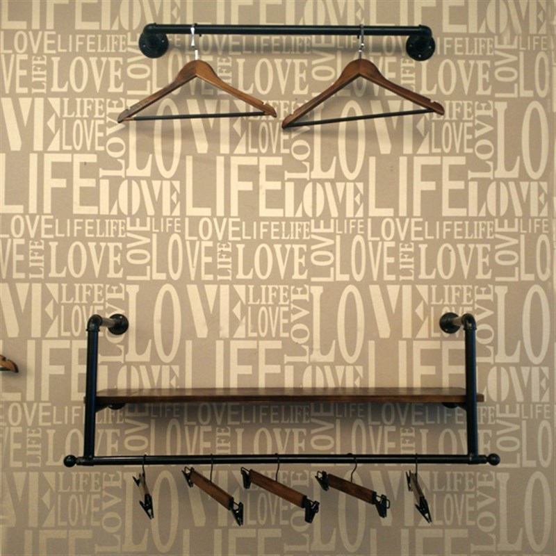 复古铁艺服装店衣架展示架上墙正挂侧挂组合童装女装实木壁挂货架