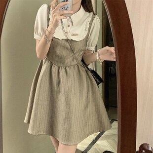 大码胖mm甜辣学院风撞色木耳边假两件衬衫连衣裙女春夏显瘦a字裙