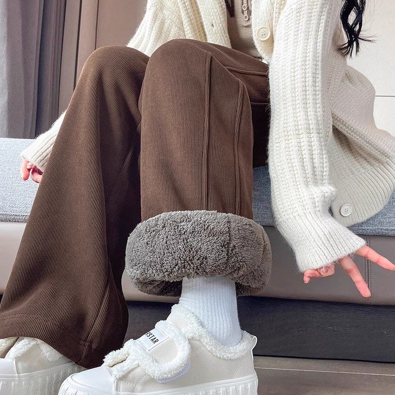 女童加绒直筒阔腿裤子秋冬2024新款女大儿童冬季加厚羊羔绒卫棉裤