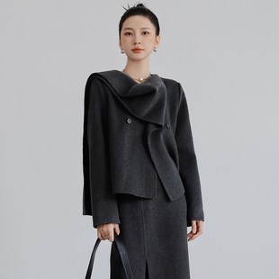 高支羊毛双面呢短款外套女冬季裙套装小个子高级感围巾领呢子大衣