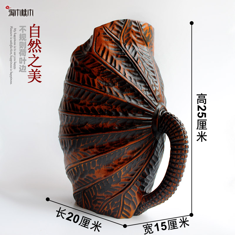 新中式风格怀旧文艺客厅莲蓬大麦干花插花实木装饰复古矮花瓶摆件