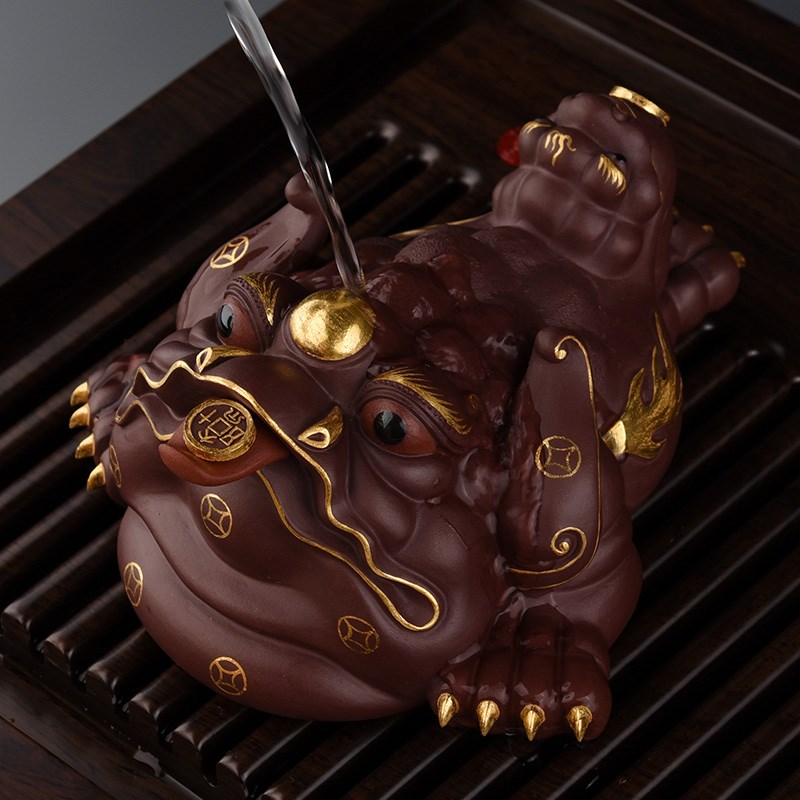 速发宜兴原矿玩砂茶宠描金招财金蟾茶具紫道配件可养茶茶雕塑摆件