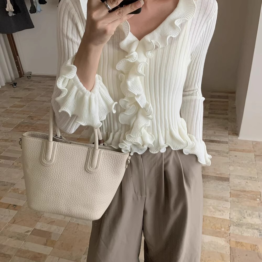 韩版甜美纯欲木耳花边修身针织衫2025秋季新款上衣收腰V领毛衣