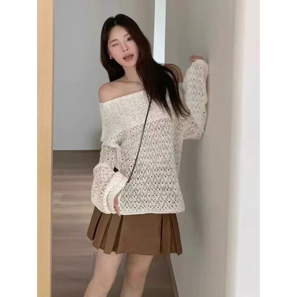 2025秋季新款法式镂空宽松显瘦长袖针织衫女辣妹斜肩钩花洋气上衣