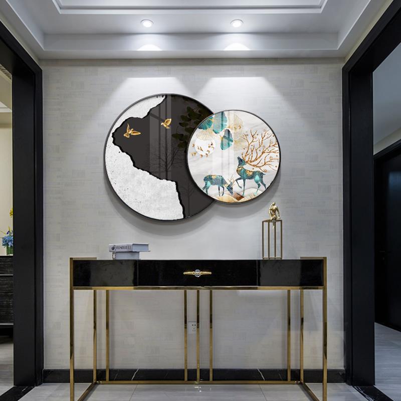 定做鹿福鹿客墙上厅轻装创意挂画圆代形叠加现奢画进门玄关卧室饰