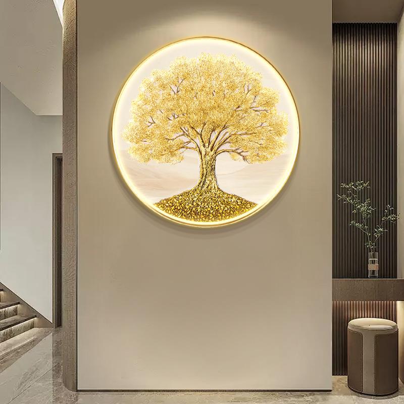 定做灯画轻奢圆走装发财树画玄关饰画芬村绘形手油廊过大道墙挂画