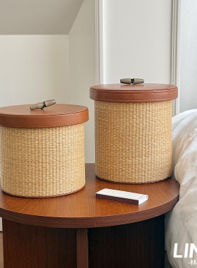 新款复古草编织手提纸巾盒桌面收纳盒客厅卧室轻奢皮革装饰收纳盒