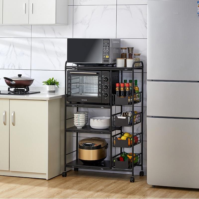 厨房置物架微波炉烤箱收纳架家用带抽屉调料带轮手推车调味瓶储物