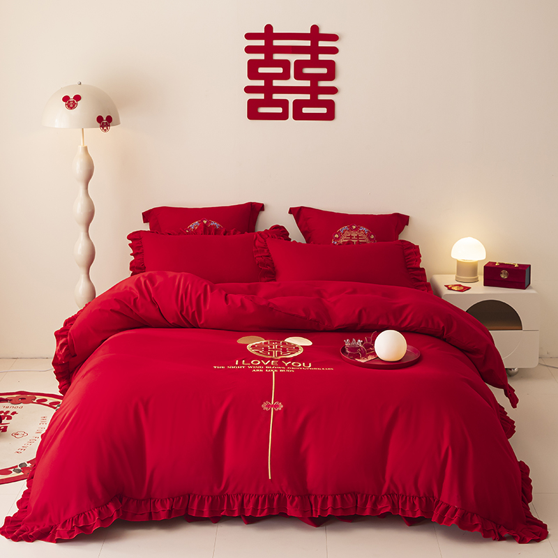 速发嫁边结婚四件套婚庆大红色床笠款新婚婚婚花房4