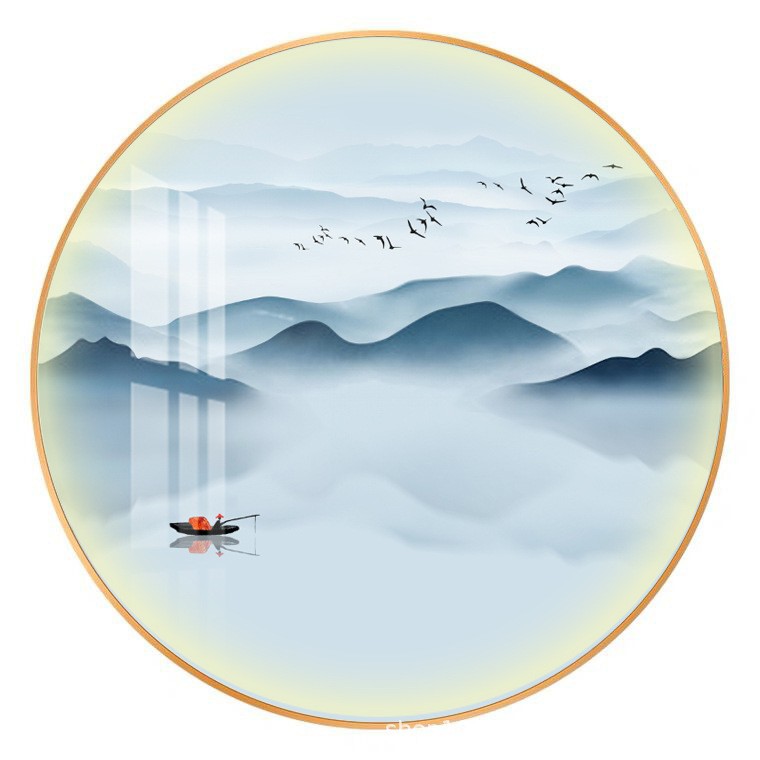 新中式入户玄关圆形装饰画LED灯画带灯壁画茶室走廊山水大气挂画图片