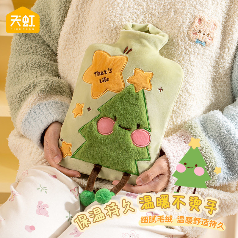 天虹新款PVC充水热水袋1800ml大号卡通注水暖水袋圣诞毛绒暖手宝