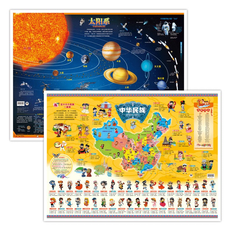 正版太阳系地图+中华民族地图 小学生初中地理知识大全科普百科