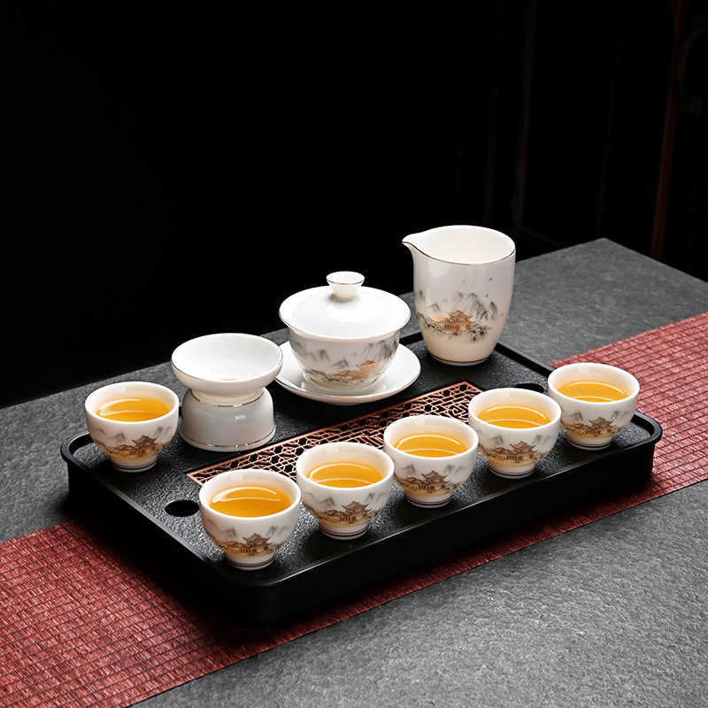 羊脂玉茶具功夫套装中式轻奢夜光茶盏茶杯办公室白瓷茶壶盖碗套组