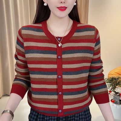 减龄休闲圆领条纹针织衫开衫女潮