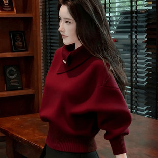 法式橘色翻领套头毛衣女秋冬季新款慵懒风软糯加厚保暖针织衫上衣