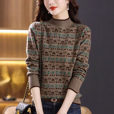 半高领时尚洋气拼色宽松打底衫女