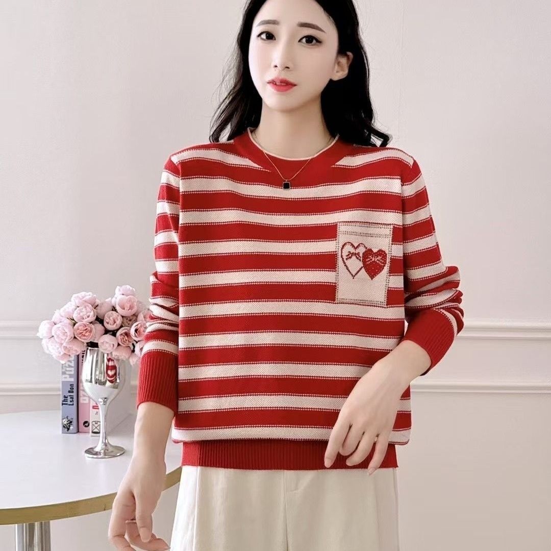 春秋新款妈妈毛衣条纹宽松洋气