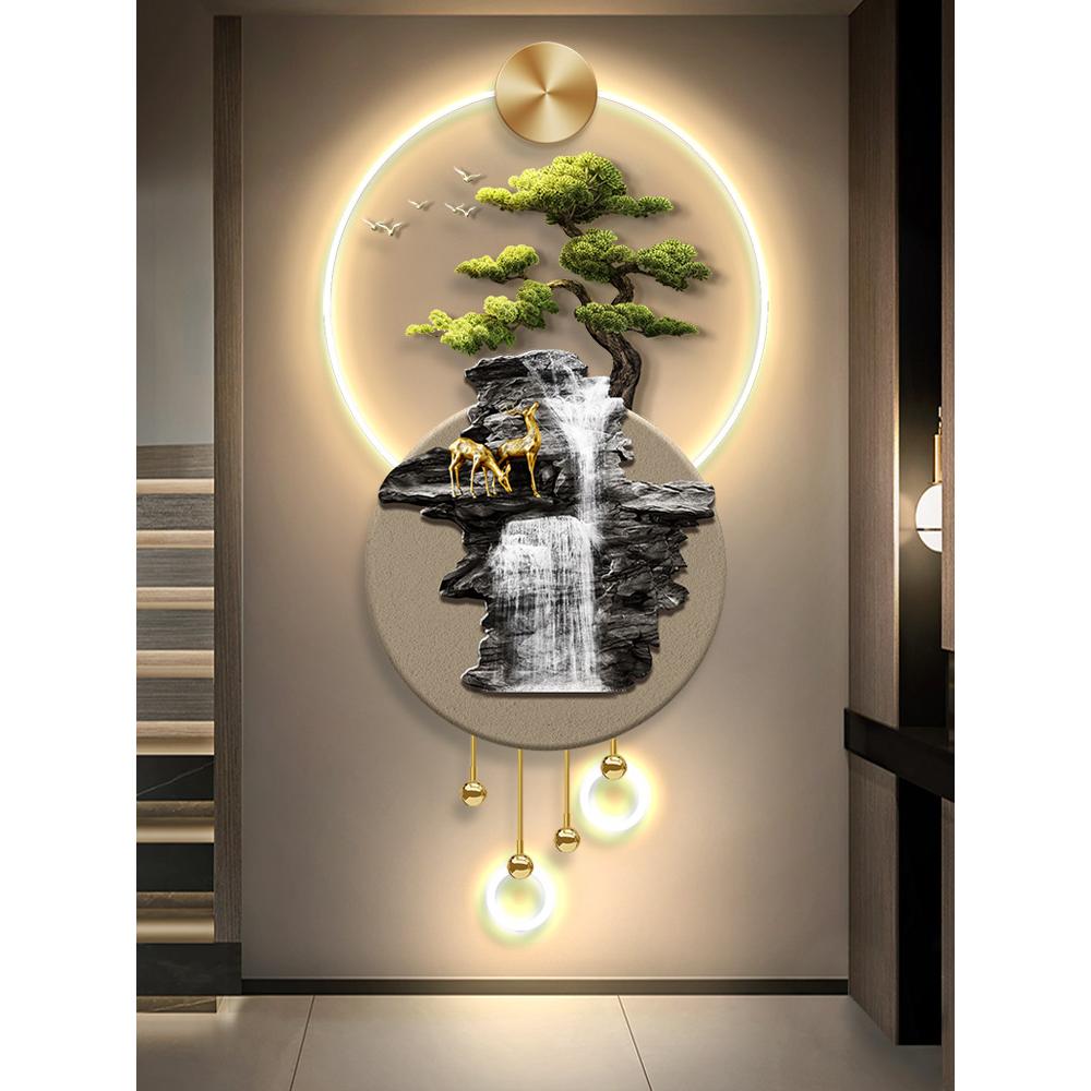 流水生财玄关迎客松装饰画发光LED灯光画麋鹿新中式走廊艺术壁灯图片