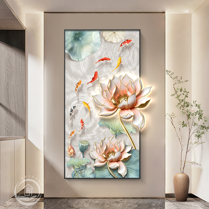 九鱼图玄关装饰画轻奢入户门正对墙高端挂画现代走廊过道立体壁画图片
