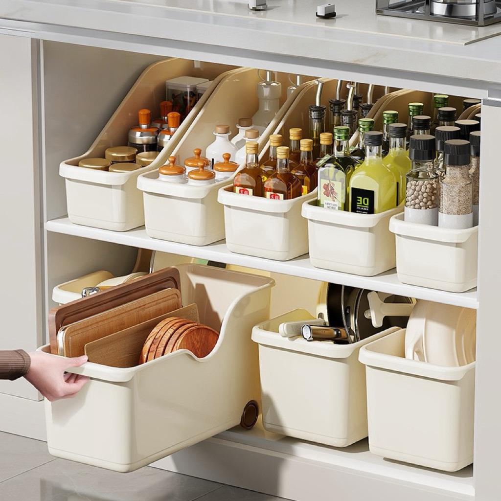 厨房收纳盒橱柜衣柜桌面收纳带滑轮塑料多功能柜子锅盖调料置物架