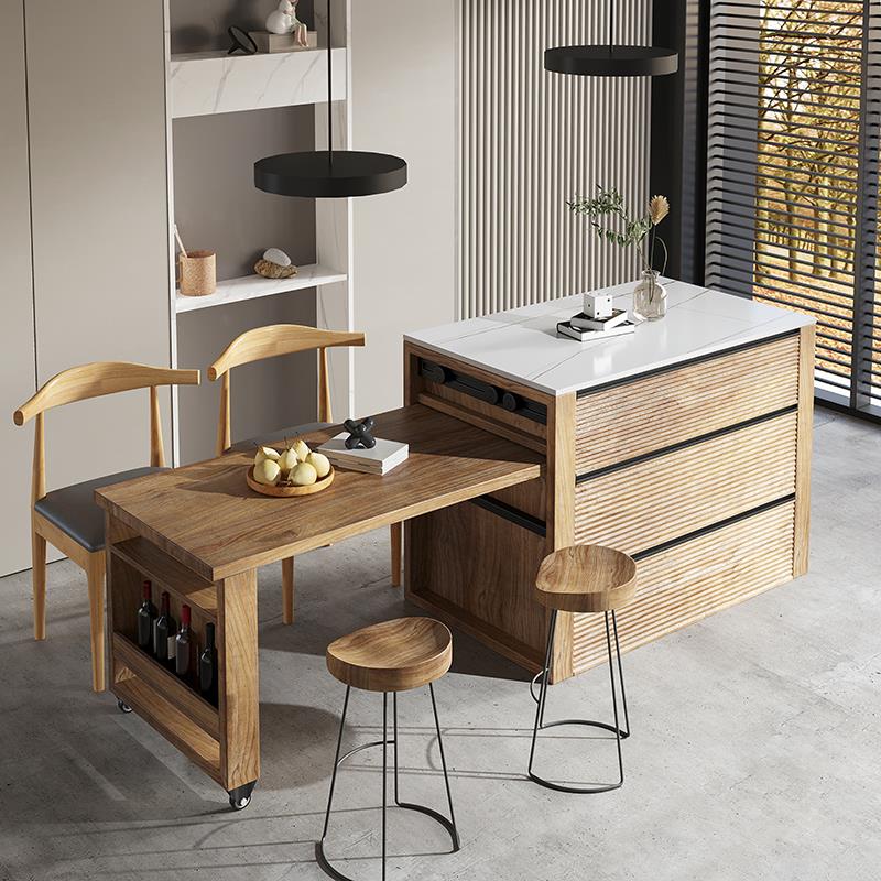 北欧岛台餐桌一体实木吧台岩板台面厨房中岛咖啡操作台茶水储物柜
