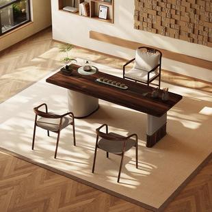 轻奢新款 大板实木茶台高端别墅设计师家用阳台烧水一体马鞍皮茶台