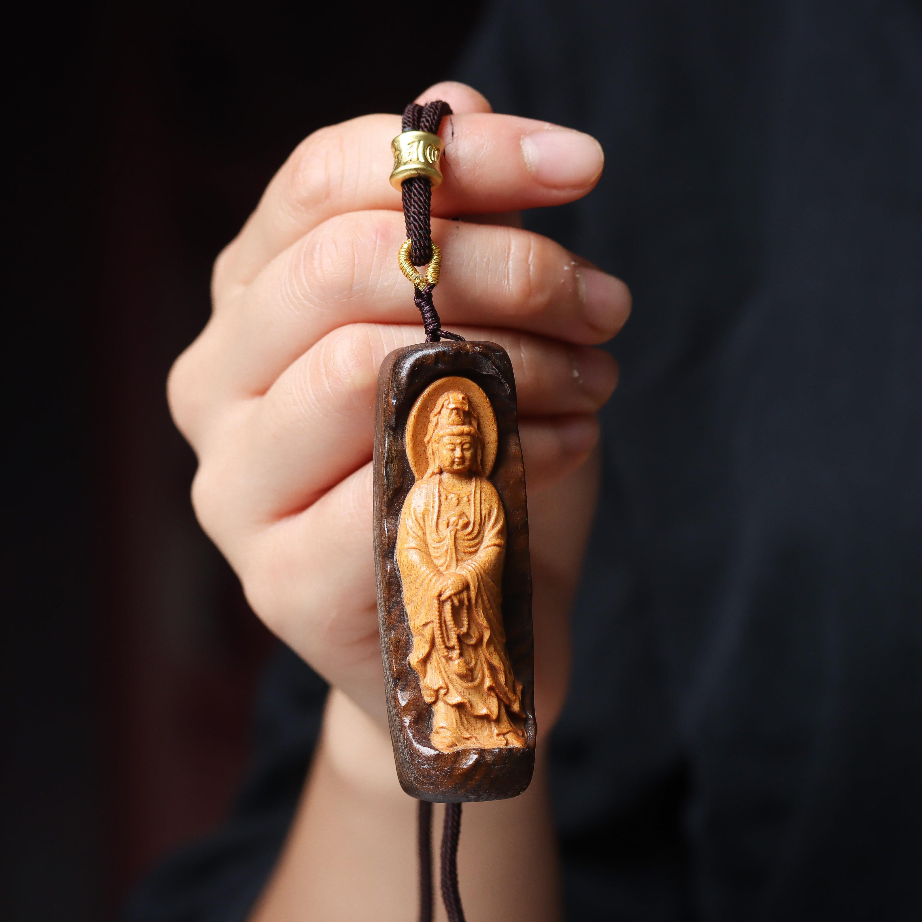 沉香木念珠观音菩萨项炼吊坠木雕手把件男女随身佛牌汽车挂件件护