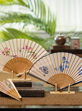 湘传礼湘绣双面绣两丝中国风折扇纯手工工艺玉竹制扇骨含底座