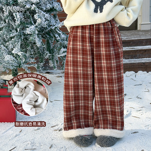 加绒女童裤子2025冬季儿童时髦休闲长裤潮复古氛围感红格子直筒裤