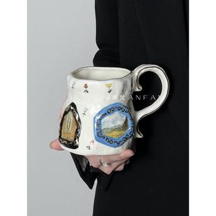 岸梵*原创设计复古陶瓷杯手绘稀奇古怪水杯大容量带把马克杯子