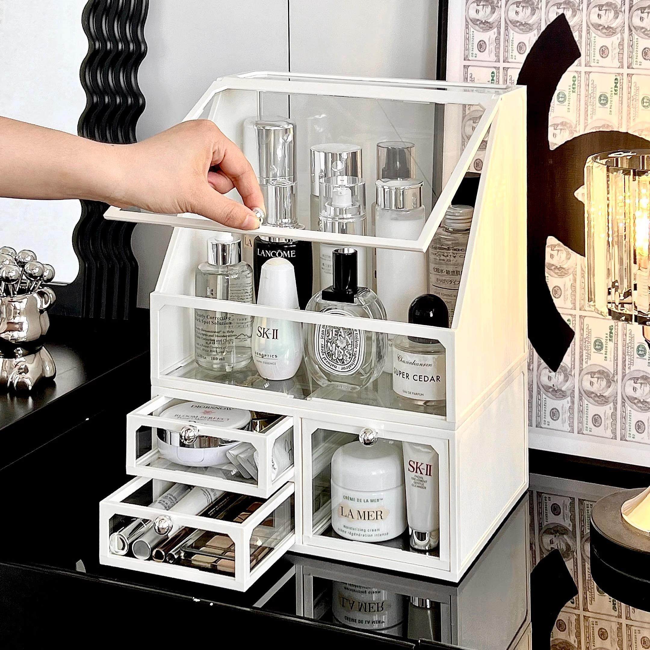 桌面化妆品收纳盒透明高级感防尘置物架子梳妆台口红护肤品展示柜,收纳整理,桌面收纳盒,淘宝优惠券,粉丝福利购,淘宝优惠卷