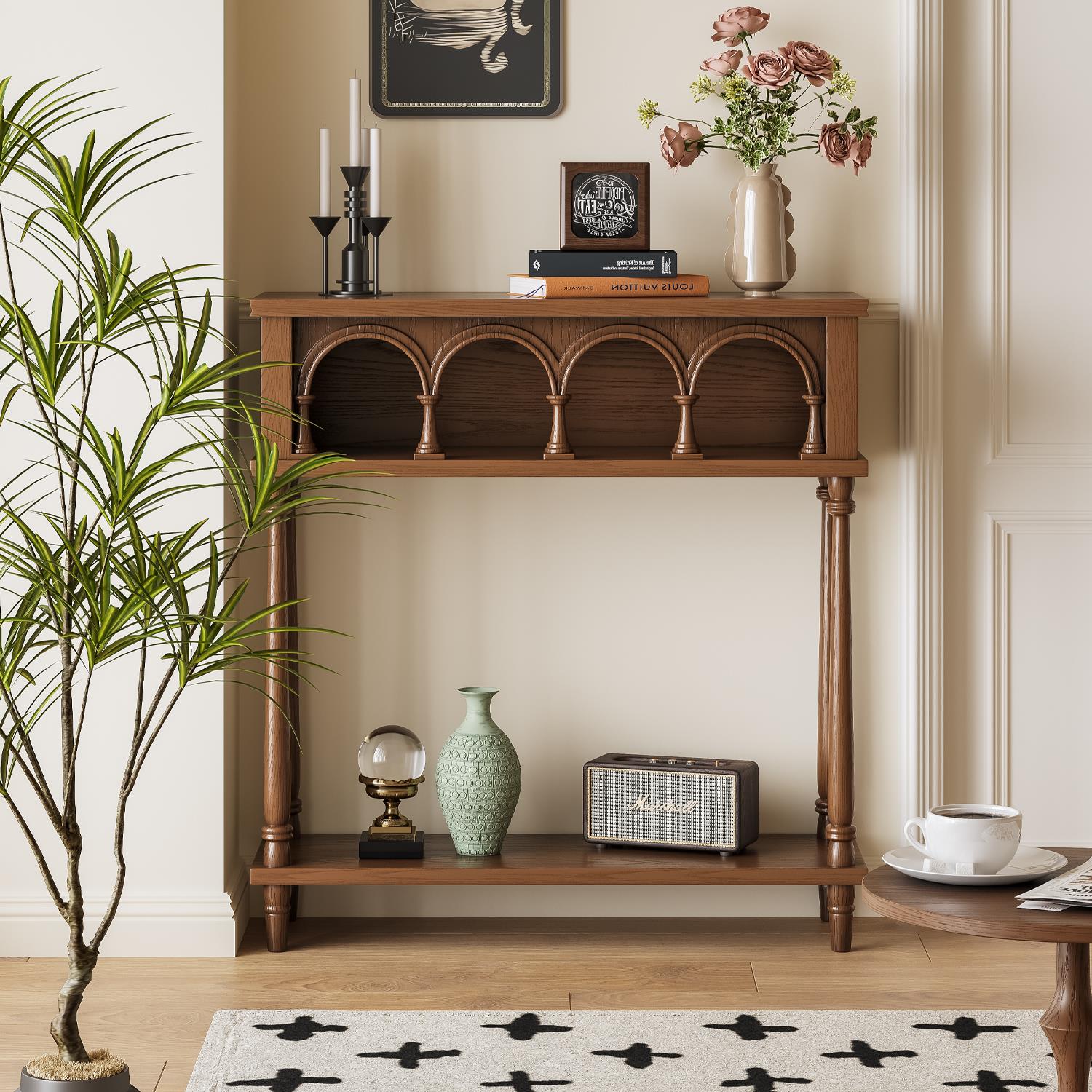 谷及 中古实木大师设计拱门玄关台家用客厅入户玄关桌墙边置物架