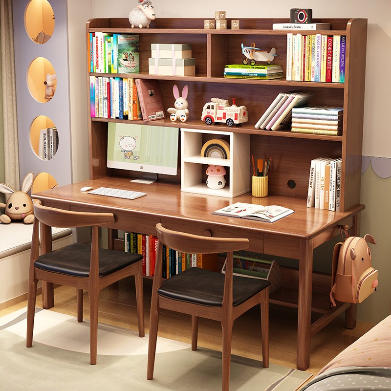 家用书桌书架一体学生写字桌卧室实木双人位长条桌书房办公电脑桌